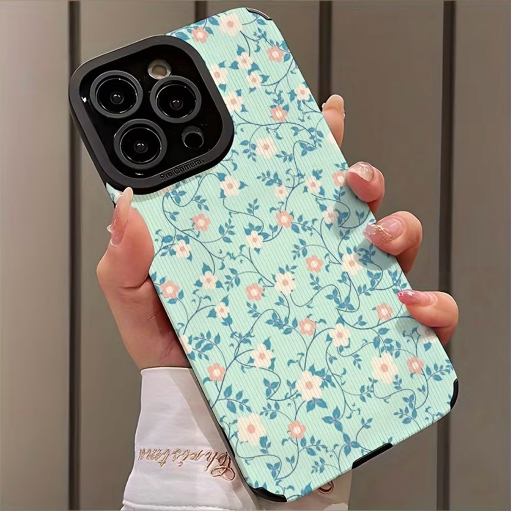 iPhone Phone Case Vertical Stripes PU Leather Texture Blue Floral Pattern